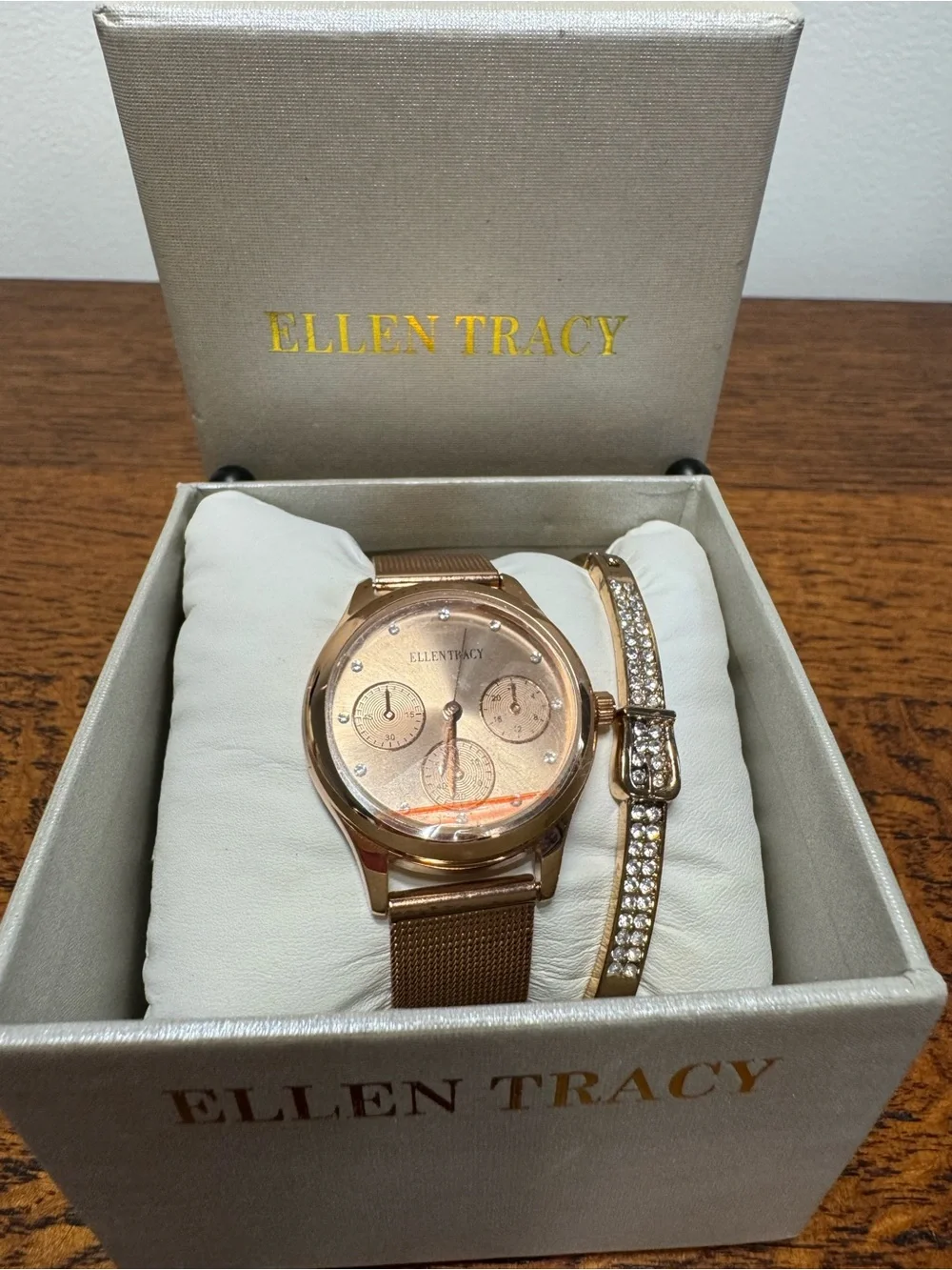 Ellen Tracy Rose Gold Watch with Crystal Accent Bracelet Set